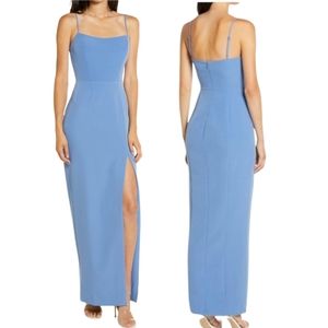 WAYF LETTIE COLUMN BLUE LEG SLIT MAXI DRESS STRAPPY